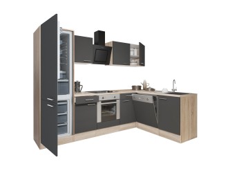 Yorki 280 sarok konyhabútor sonoma tölgy korpusz,selyemfényű antracit front alsó sütős elemmel alulagyasztós hűtős szekrénnyel