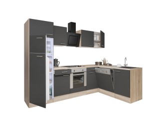 Yorki 280 sarok konyhabútor sonoma tölgy korpusz,selyemfényű antracit front alsó sütős elemmel felülfagyasztós hűtős szekrénnyel