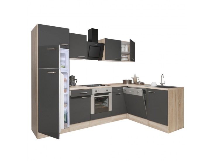 Yorki 280 sarok konyhabútor sonoma tölgy korpusz,selyemfényű antracit front alsó sütős elemmel felülfagyasztós hűtős szekrénnyel
