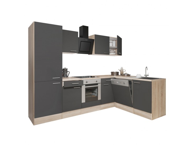 Yorki 280 sarok konyhabútor sonoma tölgy korpusz,selyemfényű antracit front alsó sütős elemmel polcos szekrénnyel