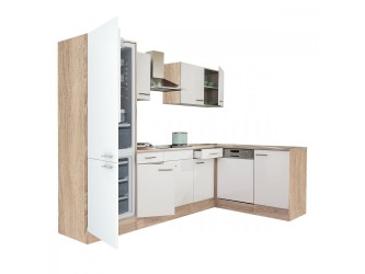 Yorki 280 sarok konyhabútor sonoma tölgy korpusz,selyemfényű fehér fronttal alulagyasztós hűtős szekrénnyel