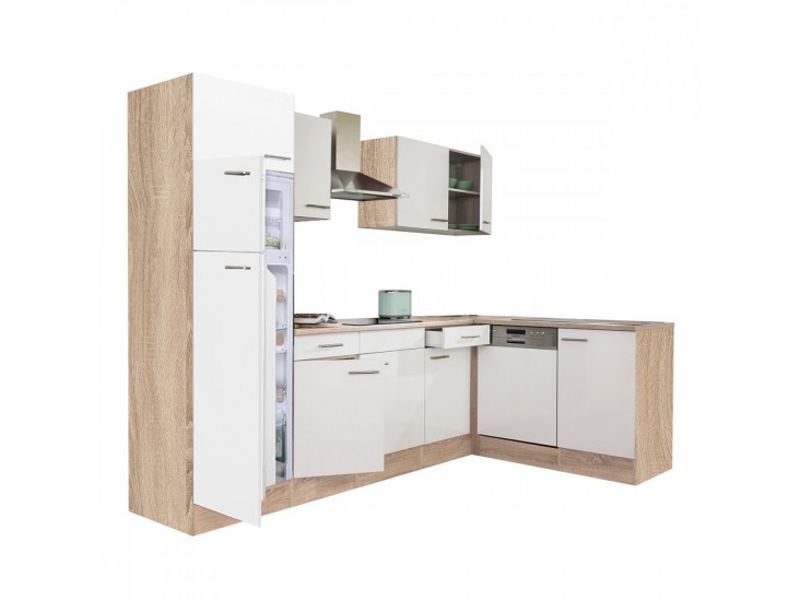 Yorki 280 sarok konyhabútor sonoma tölgy korpusz,selyemfényű fehér fronttal felülfagyasztós hűtős szekrénnyel
