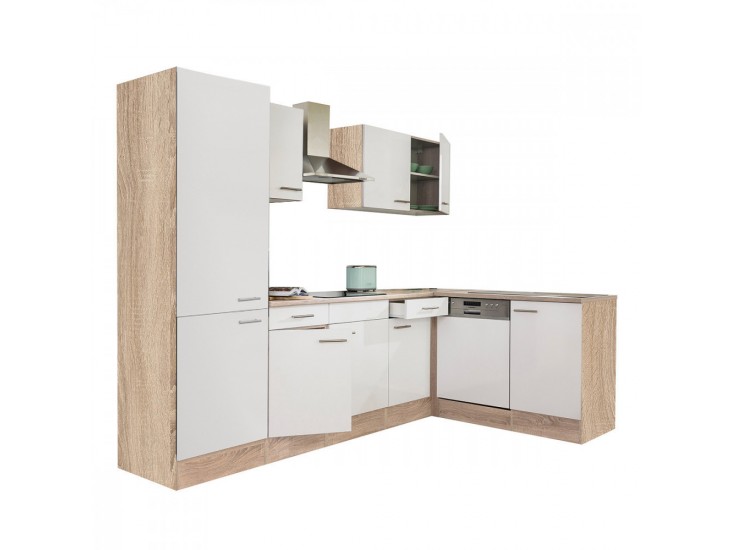 Yorki 280 sarok konyhabútor sonoma tölgy korpusz,selyemfényű fehér fronttal polcos szekrénnyel