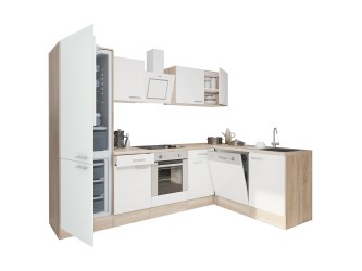 Yorki 280 sarok konyhabútor sonoma tölgy korpusz,selyemfényű fehér front alsó sütős elemmel alulagyasztós hűtős szekrénnyel
