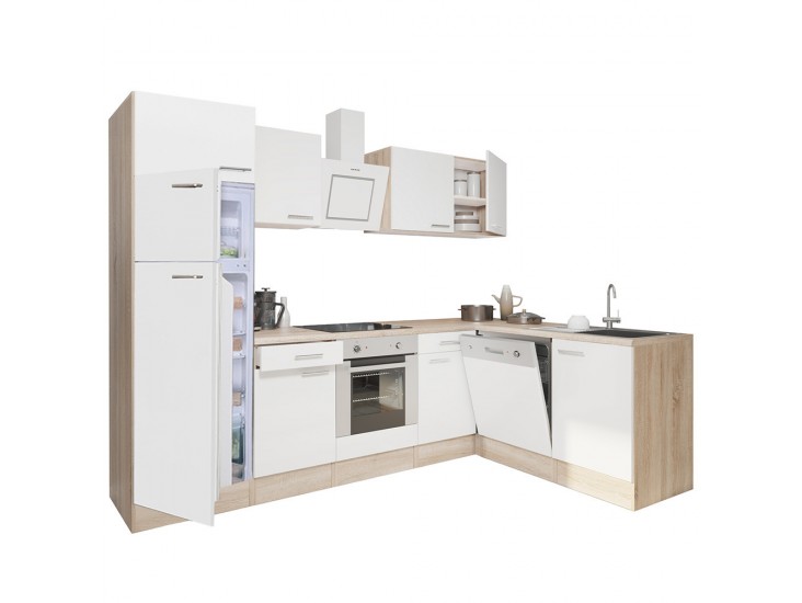 Yorki 280 sarok konyhabútor sonoma tölgy korpusz,selyemfényű fehér front alsó sütős elemmel felülfagyasztós hűtős szekrénnyel