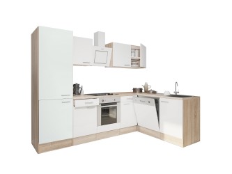 Yorki 280 sarok konyhabútor sonoma tölgy korpusz,selyemfényű fehér front alsó sütős elemmel polcos szekrénnyel