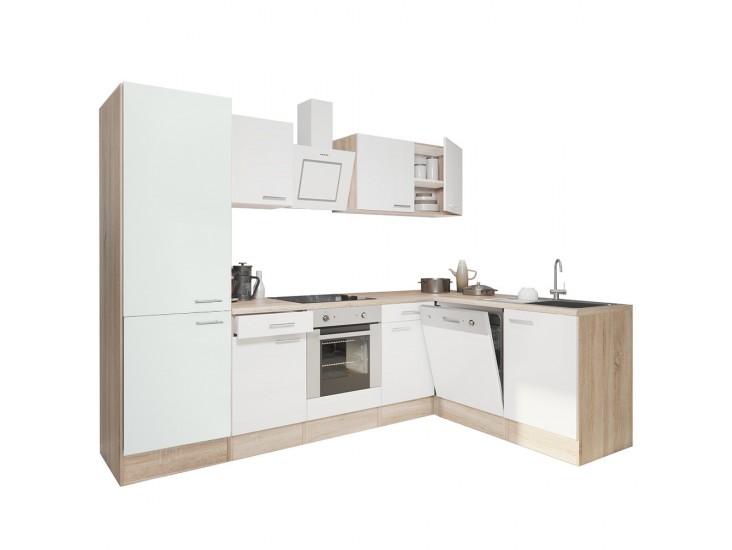 Yorki 280 sarok konyhabútor sonoma tölgy korpusz,selyemfényű fehér front alsó sütős elemmel polcos szekrénnyel