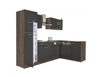 Yorki 280 sarok konyhabútor yorki tölgy korpusz,selyemfényű antracit fronttal felülfagyasztós hűtős szekrénnyel