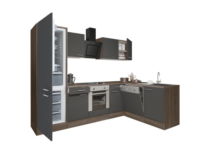 Yorki 280 sarok konyhabútor yorki tölgy korpusz,selyemfényű antracit front alsó sütős elemmel alulagyasztós hűtős szekrénnyel
