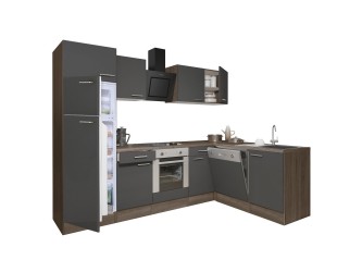 Yorki 280 sarok konyhabútor yorki tölgy korpusz,selyemfényű antracit front alsó sütős elemmel felülfagyasztós hűtős szekrénnyel