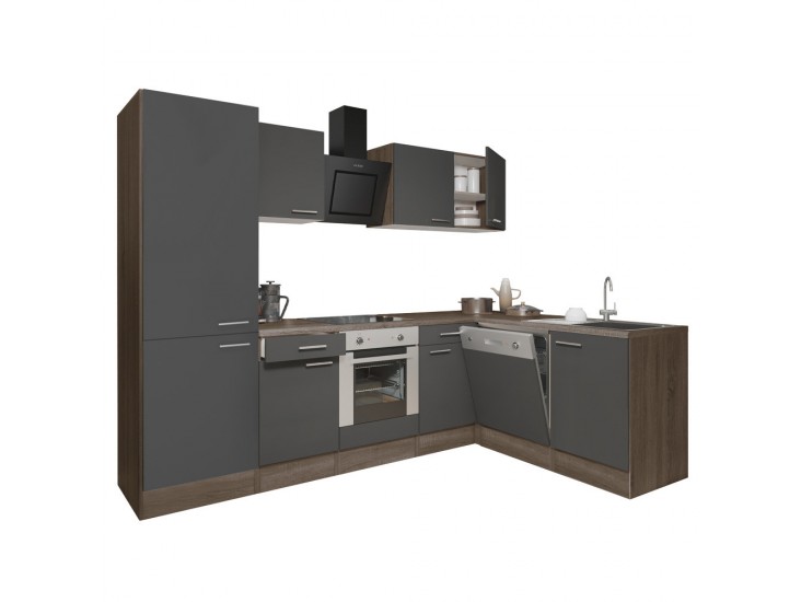 Yorki 280 sarok konyhabútor yorki tölgy korpusz,selyemfényű antracit front alsó sütős elemmel polcos szekrénnyel