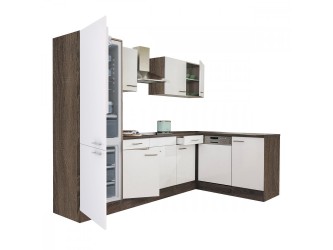 Yorki 280 sarok konyhabútor yorki tölgy korpusz,selyemfényű fehér fronttal alulagyasztós hűtős szekrénnyel