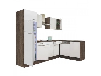 Yorki 280 sarok konyhabútor yorki tölgy korpusz,selyemfényű fehér fronttal felülfagyasztós hűtős szekrénnyel