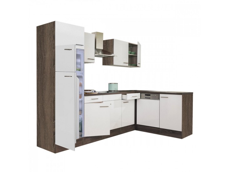 Yorki 280 sarok konyhabútor yorki tölgy korpusz,selyemfényű fehér fronttal felülfagyasztós hűtős szekrénnyel