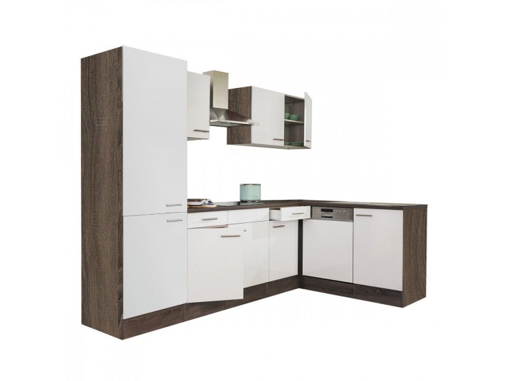 Yorki 280 sarok konyhabútor yorki tölgy korpusz,selyemfényű fehér fronttal polcos szekrénnyel