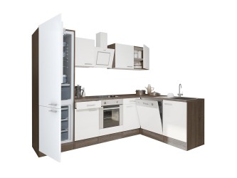 Yorki 280 sarok konyhabútor yorki tölgy korpusz,selyemfényű fehér front alsó sütős elemmel alulagyasztós hűtős szekrénnyel