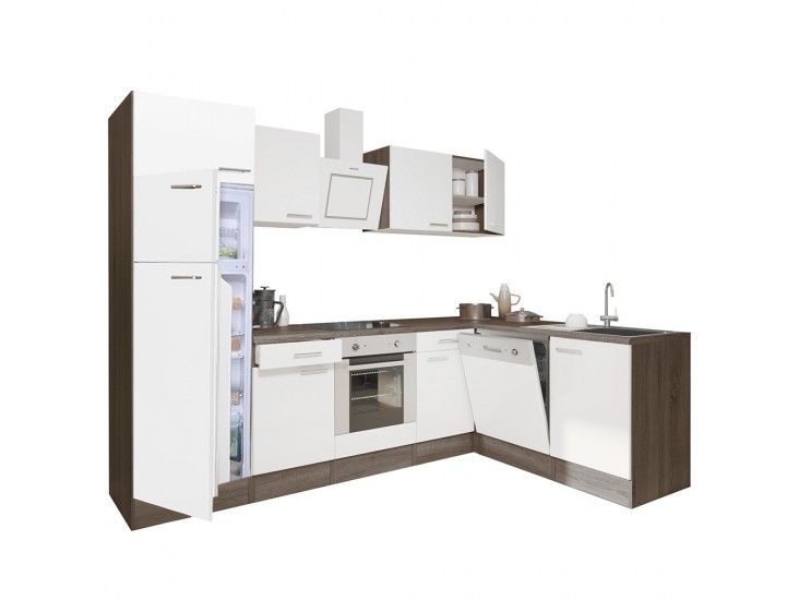 Yorki 280 sarok konyhabútor yorki tölgy korpusz,selyemfényű fehér front alsó sütős elemmel felülfagyasztós hűtős szekrénnyel