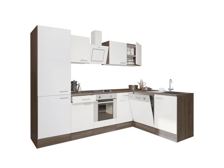 Yorki 280 sarok konyhabútor yorki tölgy korpusz,selyemfényű fehér front alsó sütős elemmel polcos szekrénnyel