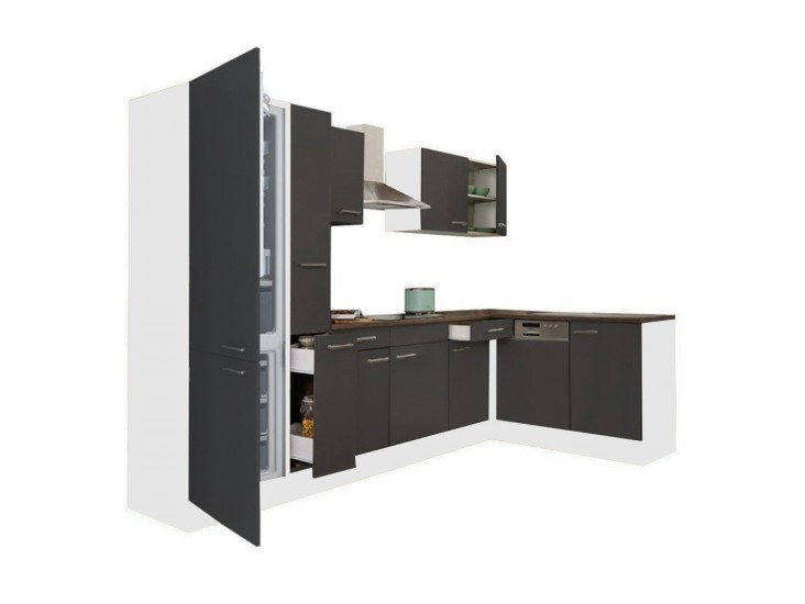 Yorki 310 sarok konyhabútor fehér korpusz,selyemfényű antracit fronttal alulagyasztós hűtős szekrénnyel