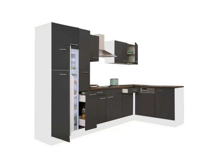 Yorki 310 sarok konyhabútor fehér korpusz,selyemfényű antracit fronttal felülfagyasztós hűtős szekrénnyel