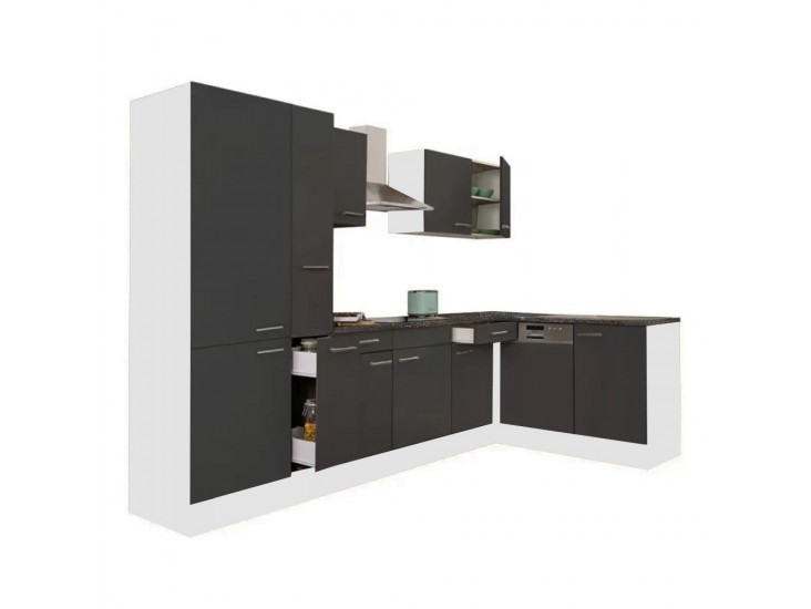 Yorki 310 sarok konyhabútor fehér korpusz,selyemfényű antracit fronttal polcos szekrénnyel