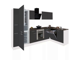 Yorki 310 sarok konyhabútor fehér korpusz,selyemfényű antracit front alsó sütős elemmel alulagyasztós hűtős szekrénnyel