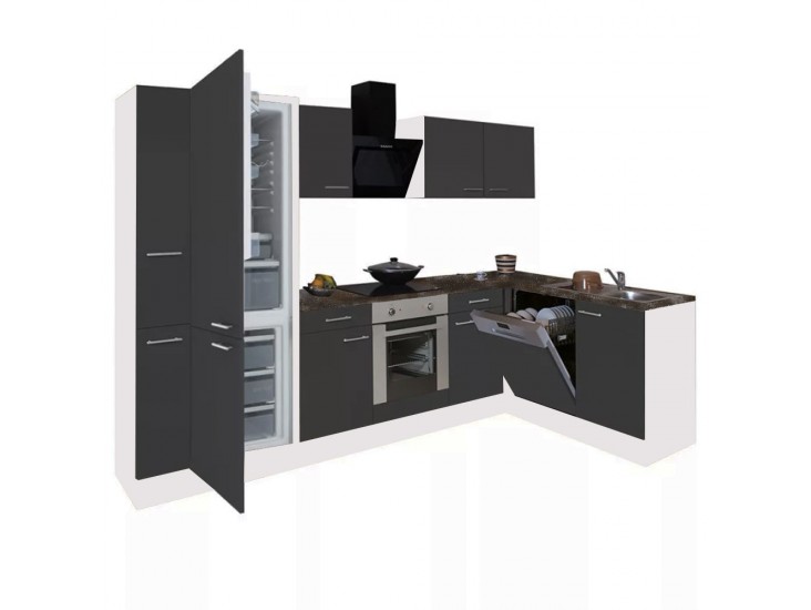 Yorki 310 sarok konyhabútor fehér korpusz,selyemfényű antracit front alsó sütős elemmel alulagyasztós hűtős szekrénnyel