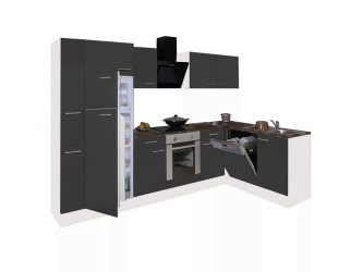 Yorki 310sarok konyhabútor fehér korpusz,selyemfényű antracit front alsó sütős elemmel felülfagyasztós hűtős szekrénnyel