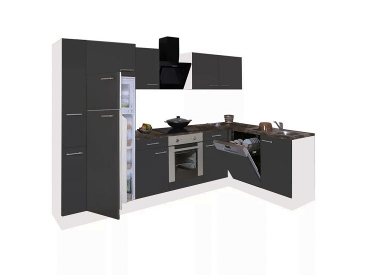 Yorki 310sarok konyhabútor fehér korpusz,selyemfényű antracit front alsó sütős elemmel felülfagyasztós hűtős szekrénnyel