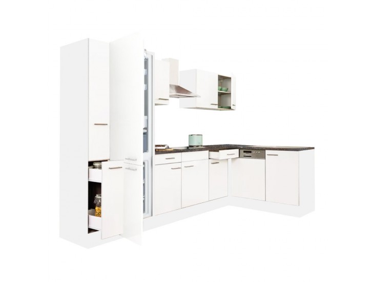 Yorki 310 sarok konyhabútor fehér korpusz,selyemfényű fehér fronttal alulagyasztós hűtős szekrénnyel