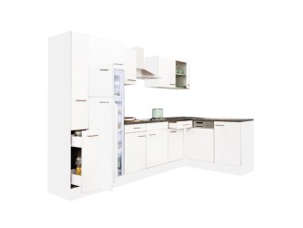 Yorki 310 sarok konyhabútor fehér korpusz,selyemfényű fehér fronttal felülfagyasztós hűtős szekrénnyel