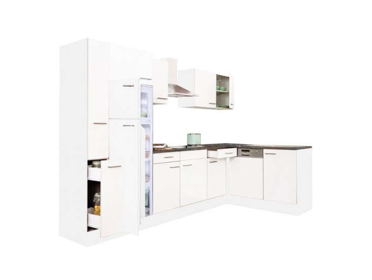 Yorki 310 sarok konyhabútor fehér korpusz,selyemfényű fehér fronttal felülfagyasztós hűtős szekrénnyel