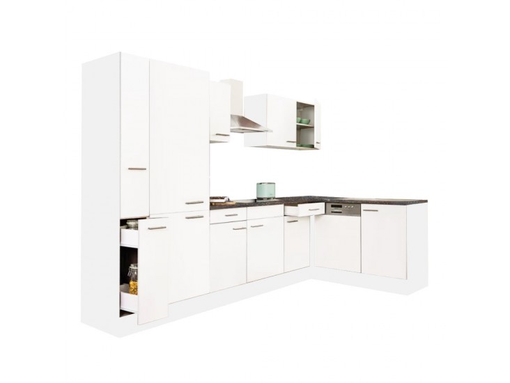 Yorki 310 sarok konyhabútor fehér korpusz,selyemfényű fehér fronttal polcos szekrénnyel