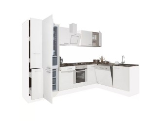Yorki 310 sarok konyhabútor fehér korpusz,selyemfényű fehér front alsó sütős elemmel alulagyasztós hűtős szekrénnyel