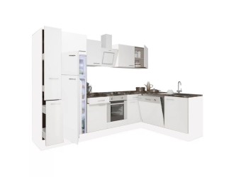 Yorki 310sarok konyhabútor fehér korpusz,selyemfényű fehér front alsó sütős elemmel felülfagyasztós hűtős szekrénnyel
