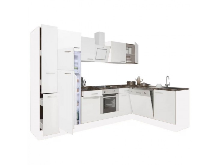 Yorki 310sarok konyhabútor fehér korpusz,selyemfényű fehér front alsó sütős elemmel felülfagyasztós hűtős szekrénnyel