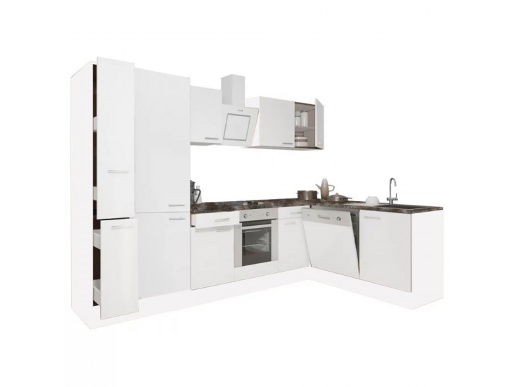 Yorki 310 sarok konyhabútor fehér korpusz,selyemfényű fehér front alsó sütős elemmel polcos szekrénnyel