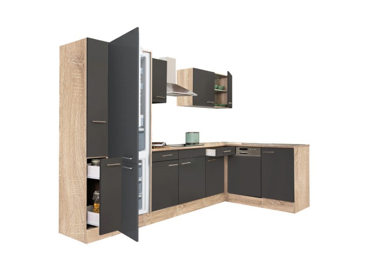 Yorki 310 sarok konyhabútor sonoma tölgy korpusz,selyemfényű antracit fronttal alulagyasztós hűtős szekrénnyel