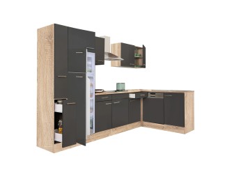 Yorki 310 sarok konyhabútor sonoma tölgy korpusz,selyemfényű antracit fronttal felülfagyasztós hűtős szekrénnyel