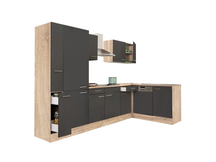 Yorki 310 sarok konyhabútor sonoma tölgy korpusz,selyemfényű antracit fronttal polcos szekrénnyel