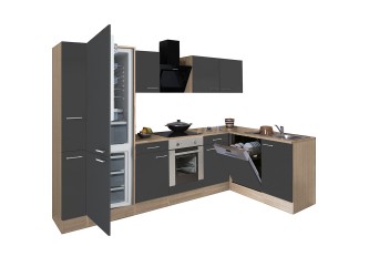 Yorki 310 sarok konyhabútor sonoma tölgy korpusz,selyemfényű antracit front alsó sütős elemmel alulagyasztós hűtős szekrénnyel