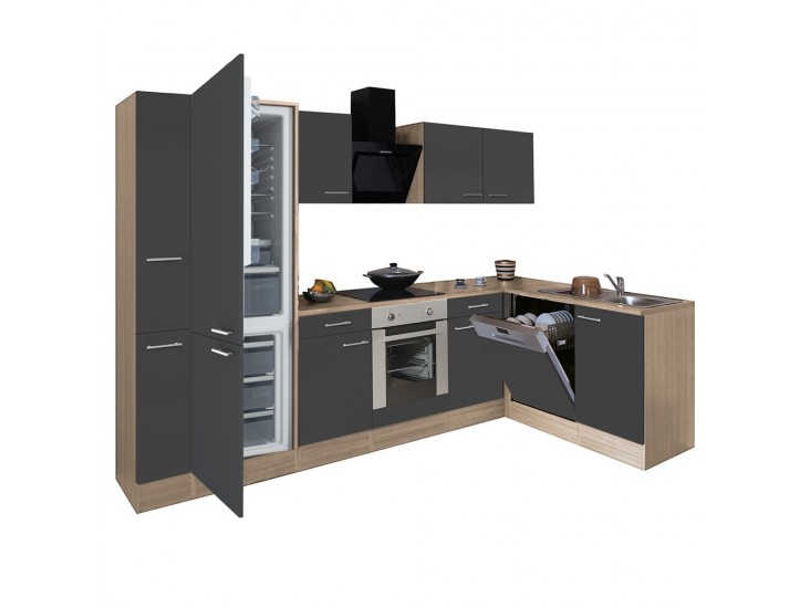 Yorki 310 sarok konyhabútor sonoma tölgy korpusz,selyemfényű antracit front alsó sütős elemmel alulagyasztós hűtős szekrénnyel