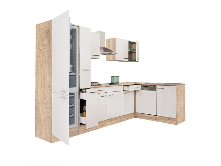 Yorki 310 sarok konyhabútor sonoma tölgy korpusz,selyemfényű fehér fronttal alulagyasztós hűtős szekrénnyel
