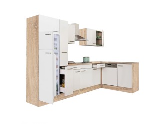 Yorki 310 sarok konyhabútor sonoma tölgy korpusz,selyemfényű fehér fronttal felülfagyasztós hűtős szekrénnyel