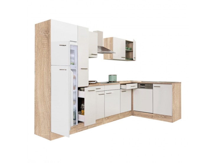 Yorki 310 sarok konyhabútor sonoma tölgy korpusz,selyemfényű fehér fronttal felülfagyasztós hűtős szekrénnyel