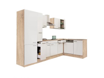 Yorki 310 sarok konyhabútor sonoma tölgy korpusz,selyemfényű fehér fronttal polcos szekrénnyel