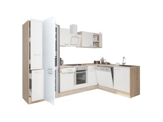 Yorki 310 sarok konyhabútor sonoma tölgy korpusz,selyemfényű fehér front alsó sütős elemmel alulagyasztós hűtős szekrénnyel