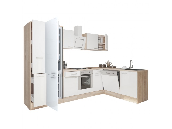 Yorki 310 sarok konyhabútor sonoma tölgy korpusz,selyemfényű fehér front alsó sütős elemmel alulagyasztós hűtős szekrénnyel