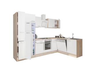 Yorki 310sarok konyhabútor sonoma tölgy korpusz,selyemfényű fehér front alsó sütős elemmel felülfagyasztós hűtős szekrénnyel