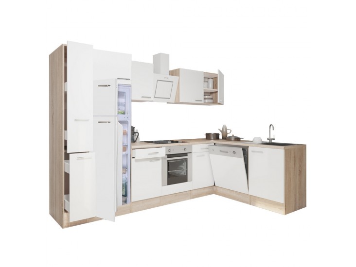 Yorki 310sarok konyhabútor sonoma tölgy korpusz,selyemfényű fehér front alsó sütős elemmel felülfagyasztós hűtős szekrénnyel